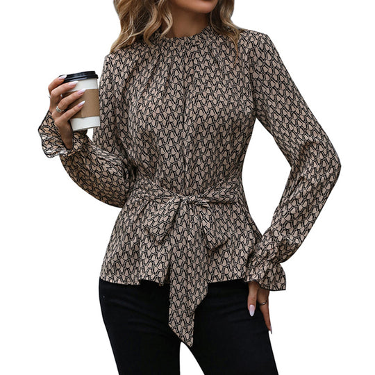Damen Tailliertes Langarm-Blusenoberteil mit Stehkragen, Taillenbindegürtel und Volantdetails Shop Nory