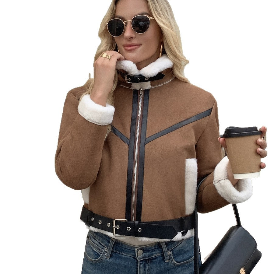 Damen Modische Teddyfelljacke mit Lederdetails
