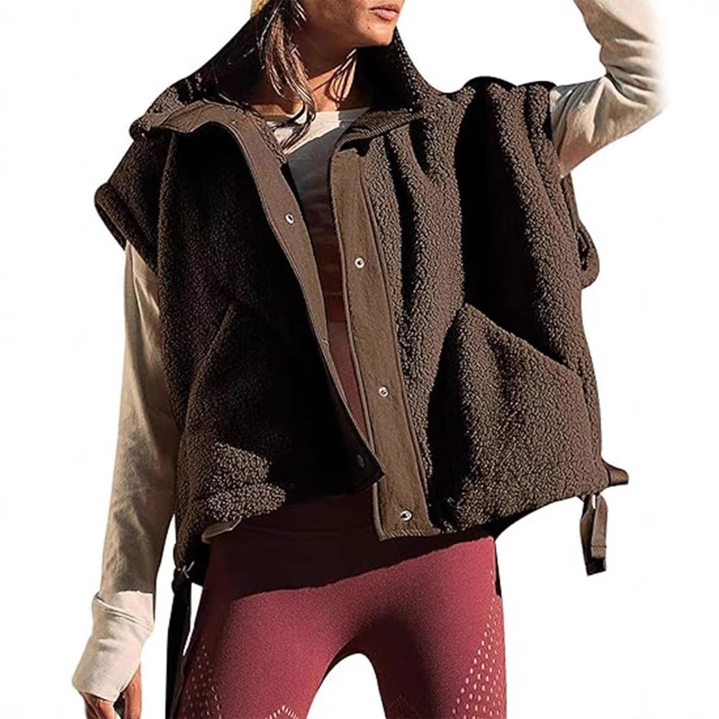 Damen Übergroße Teddyfleece-Weste mit Kapuze und Druckknöpfen Shop Nory