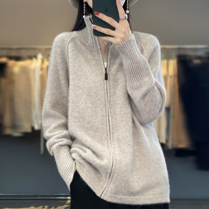 Damen Zip-Cardigan im Kaschmir‑Look mit Stehkragen und gerippten Bündchen Shop Nory