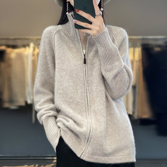 Damen Zip-Cardigan im Kaschmir‑Look mit Stehkragen und gerippten Bündchen Shop Nory