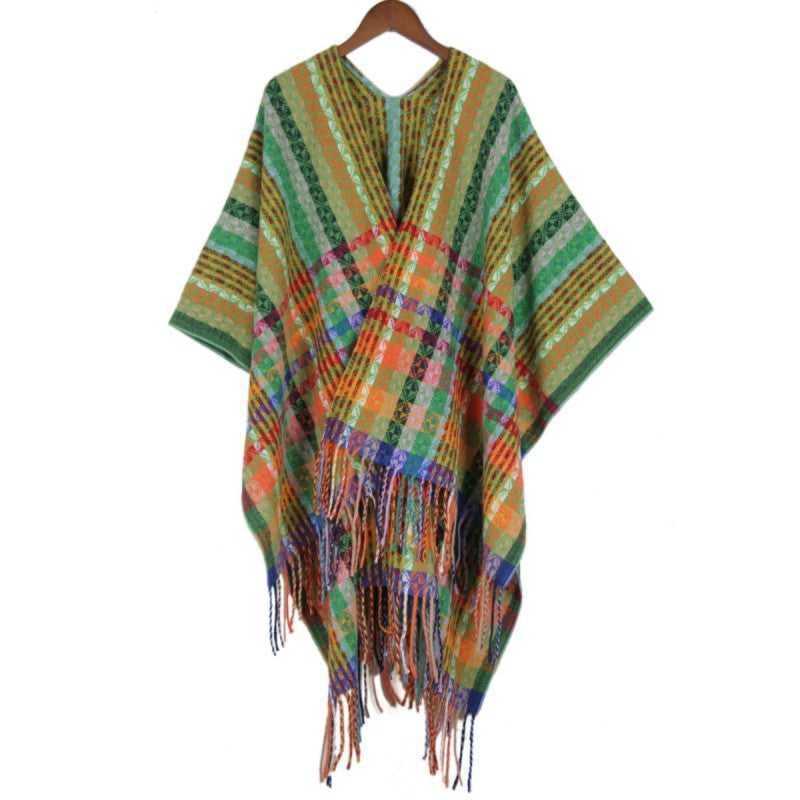 Damen Mehrfarbiger Web‑Poncho im Boho‑Patchwork‑Design mit Fransen Shop Nory