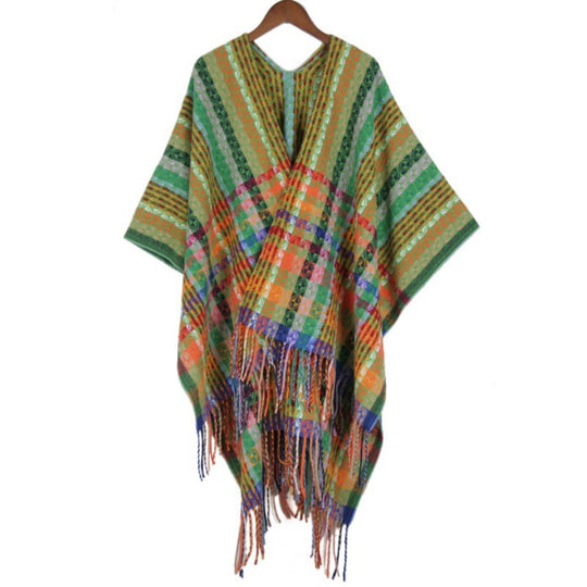 Damen Mehrfarbiger Web‑Poncho im Boho‑Patchwork‑Design mit Fransen Shop Nory