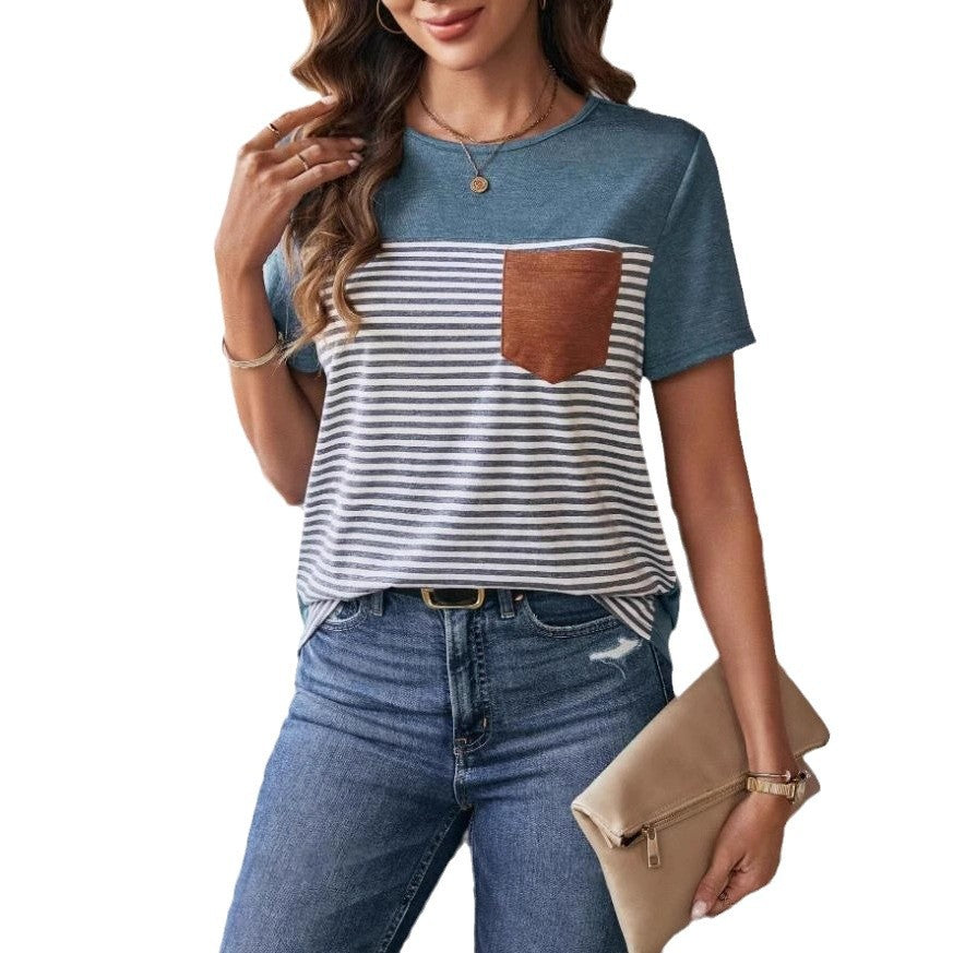 Damen Trendiges T-Shirt mit gestreiftem Design und Leder-Tasche
