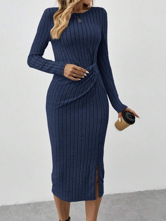 Damen Gerippetes Midikleid aus Feinstrick mit gedrehtem Taillendetail Shop Nory
