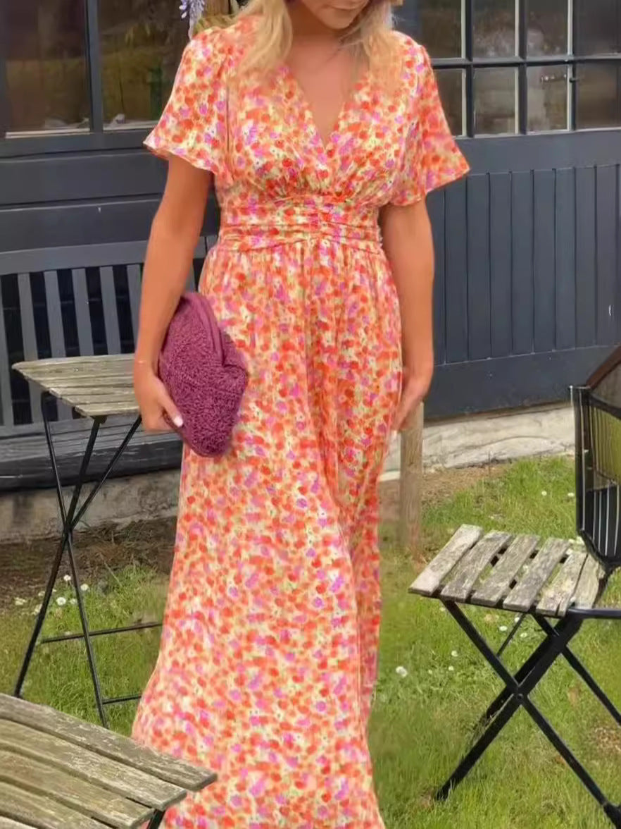 Damen Maxikleid mit floralem Muster und raffinierten Ärmeln