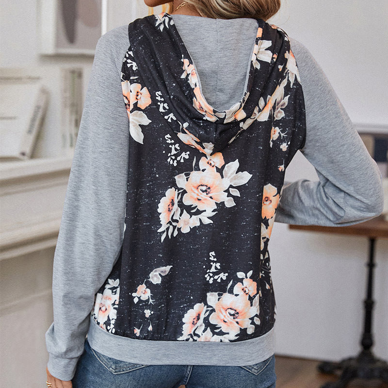 Damen Lässiger Kapuzenpullover mit floralem Print, Raglanärmeln und Kängurutasche Shop Nory
