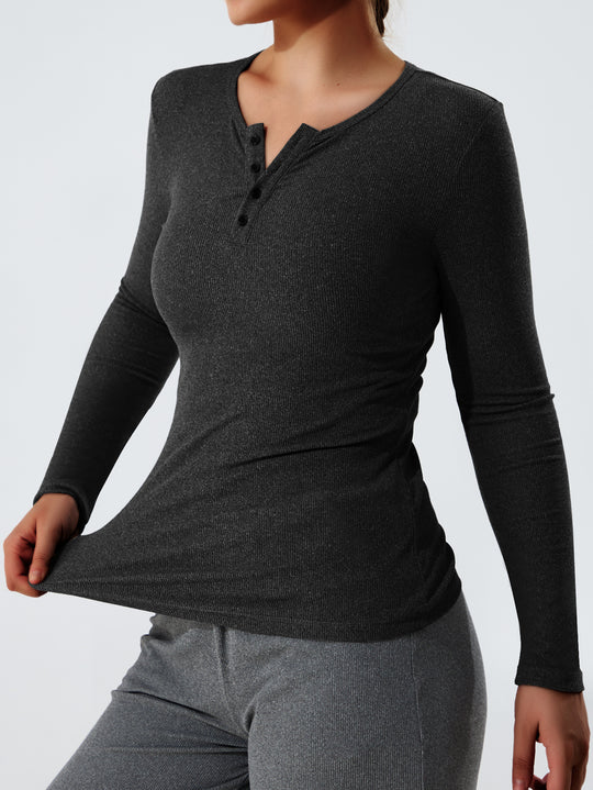Damen Geripptes Henley-Langarmshirt mit Knopfleiste und figurnahem Schnitt Shopy Nory