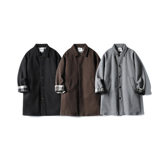 Herren Wollmix-Mantel mit Karofutter, Raglanärmeln und klassischem Hemdkragen Shop Nory