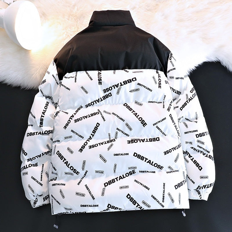 Unisex Gepolsterte Steppjacke mit Allover‑Logoprint, hohem Stehkragen & verstellbarem Saum Shop Nory