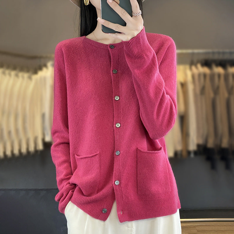 Damen Langer Feinstrick-Cardigan mit Rundhalsausschnitt, Eingrifftaschen und Alpaka-Mix Shop Nory