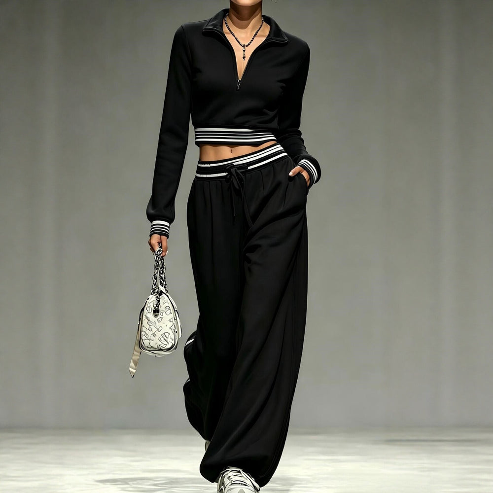 Damen Cropped-Trainingsset mit halbem Reißverschlusskragen und weitem Bundfalten-Jogger Shop Nory