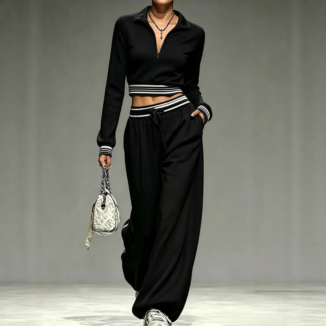 Damen Cropped-Trainingsset mit halbem Reißverschlusskragen und weitem Bundfalten-Jogger Shop Nory