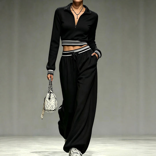 Damen Cropped-Trainingsset mit halbem Reißverschlusskragen und weitem Bundfalten-Jogger Shop Nory