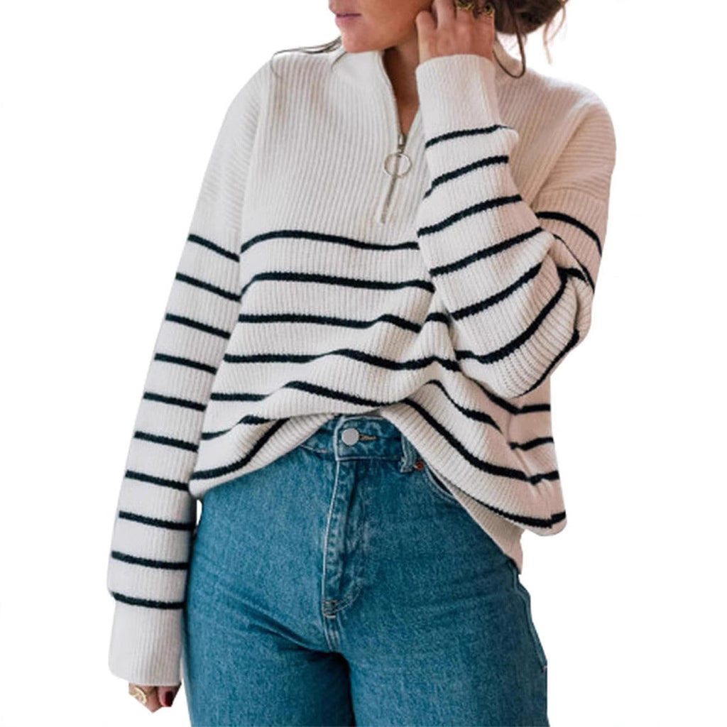 Damen lässiger Pullover mit kurzem Reißverschluss und Streifenmuster