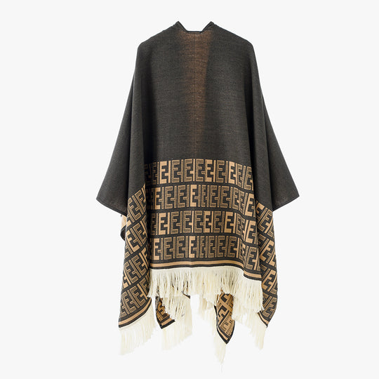 Damen Wendbarer Jacquard-Capeüberwurf mit Monogramm‑Bordüre und Fransen Shop Nory