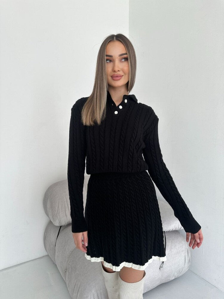 Damen gestricktes Polo-Lounge-Set mit Zopfmuster, tailliertem Cropped-Pullover und A-Linien-Rock Shop Nory