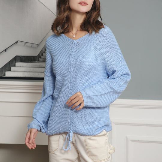 Damen Strickpullover mit Zopfmittelnaht, V‑Ausschnitt und Kordelzug Shop Nory