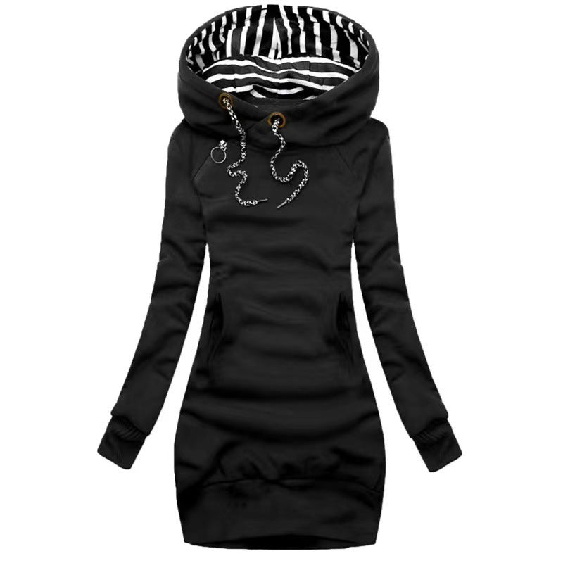 Damen Hoodie-Midi-Kleid mit weitem Funnel-Neck, gestreifter Innenseite und Kängurutaschen Shop Nory