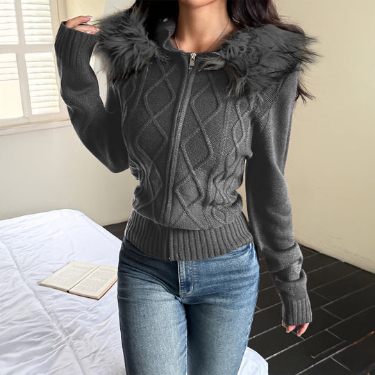 Damen nan taillierte Zopfmuster-Strickjacke mit durchgehendem Reißverschluss und abnehmbarer Kunstpelzkapuze Shop Nory