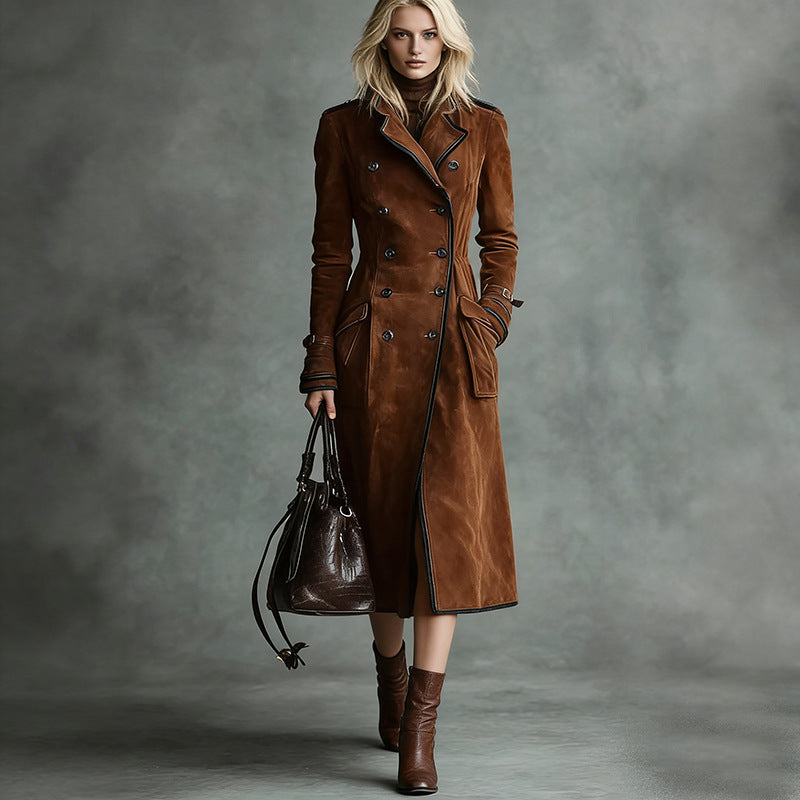 Damen Langer Taillierter Trenchcoat aus Veloursleder‑Optik mit doppelreihiger Knopfleiste und Schnallenmanschetten Shop Nory