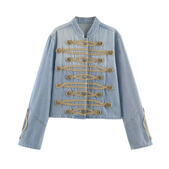 Damen Kurz geschnittene Jeansjacke im Military‑Stil mit dekorativen Kordelapplikationen Shop Nory