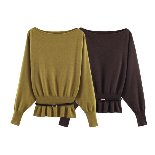 Damen Oversize-Strickpullover mit U-Boot-Ausschnitt, Fledermausärmeln, gerafftem Rippbund und Taillengürtel Shop Nory