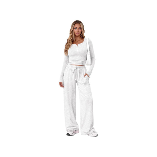 Damen nan Lounge-Set aus Feinstrick mit Henley-Oberteil und weiten Palazzo-Hosen Shop Nory