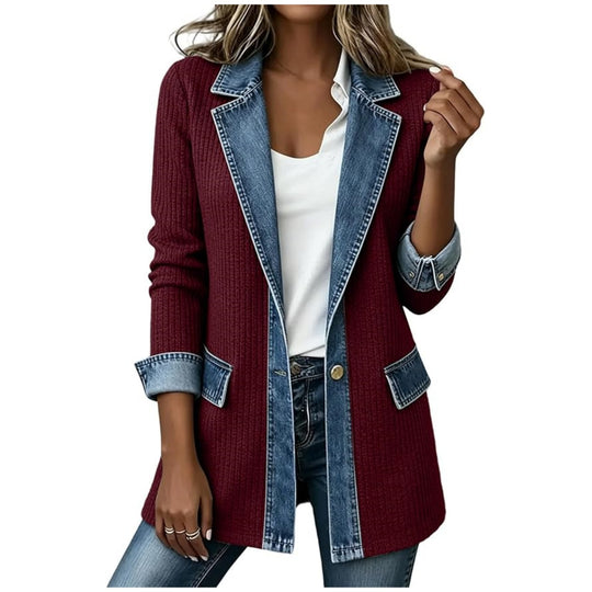 Damen Strickblazer mit Jeansbesatz und Reverskragen Shop Nory