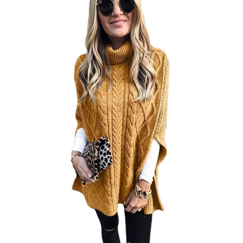 Damen nan kastiger Strickponcho mit hohem Rollkragen, Zopfstruktur und seitlichen Schlitzen Shop Nory