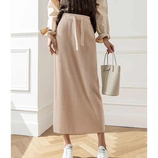 Damen Eleganter Rippstrick-Midirock mit Bindegürtel Shop Nory