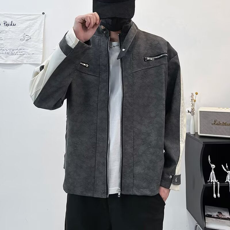 Herren Kontrastärmeliges Oversized Kunstleder-Utility-Jacke mit Stehkragen Shop Nory