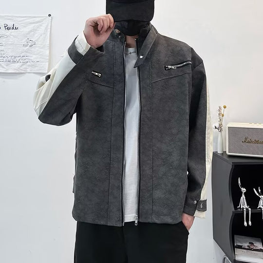 Herren Kontrastärmeliges Oversized Kunstleder-Utility-Jacke mit Stehkragen Shop Nory