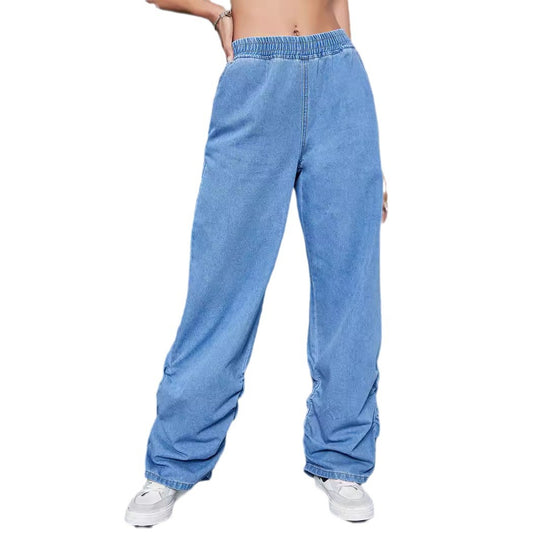 Damen Weite Denim-Hose mit elastischem Bund und gerafften Säumen Shop Nory