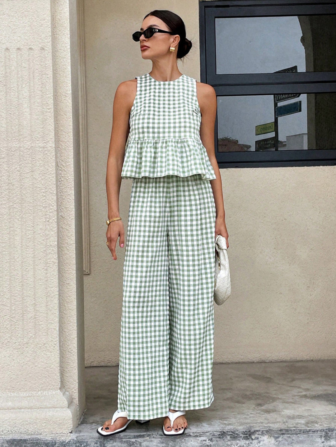 Damen Zweiteiliges Vichy-Karo-Set mit tailliertem Volanttop und weiter Palazzo-Hose Shop Nory