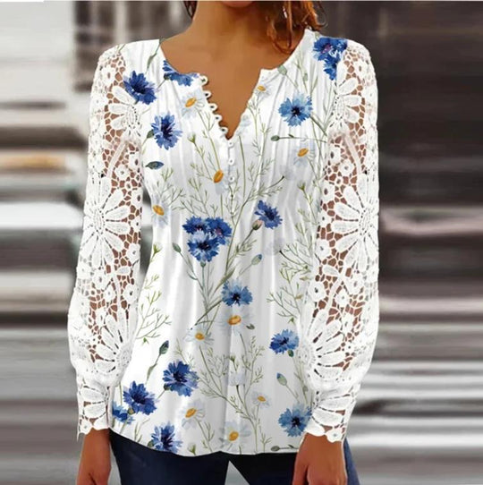 Damen Floral Viskosemischung Bluse mit Häkelärmel und V-Ausschnitt Shop Nory