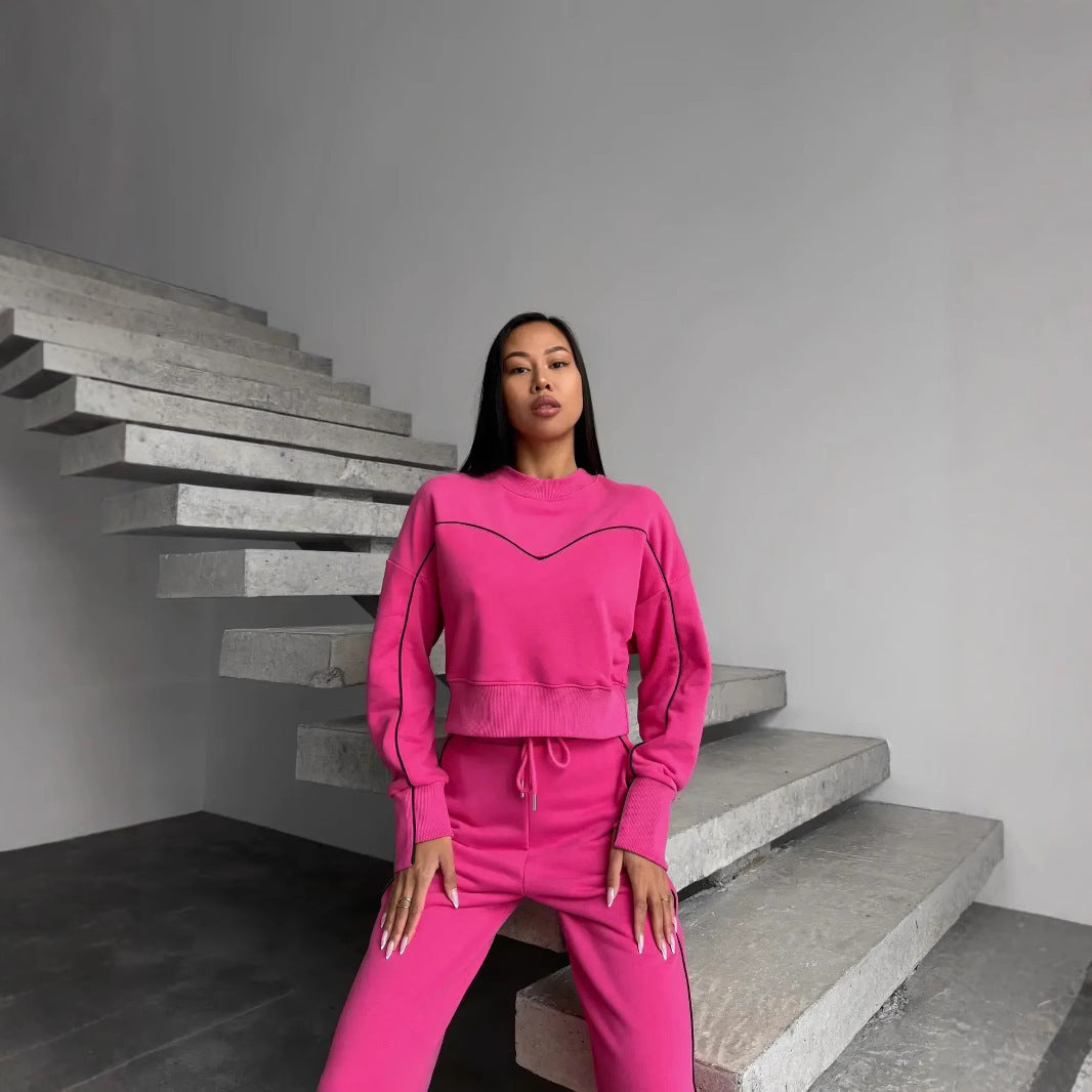 Damen kurzes Oversize-Sweatshirt mit Kordelzug-Jogginghose und Kontrastnähten Shop Nory