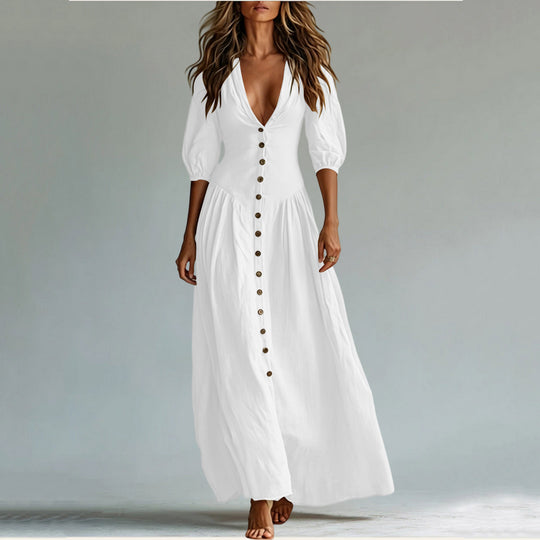 Damen Maxikleid mit tiefem V-Ausschnitt, durchgehender Knopfleiste und Ballonärmeln Shop Nory