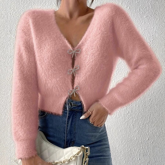 Damen Flauschiger Cropped-Cardigan mit V-Ausschnitt und Schleifen‑Verschlüssen Shop Nory