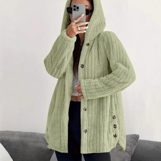 Damen Kapuzen-Teddy-Mantel mit Knopfleiste und Oversize-Schnitt Shop Nory