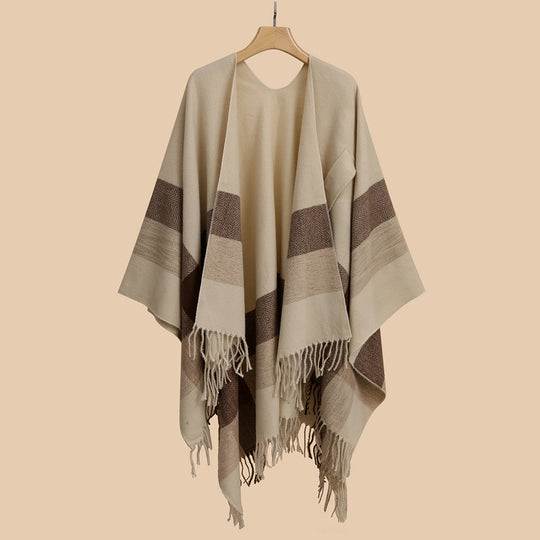 Damen Leichter Wollmix-Überwurf im Kimono-Schnitt mit Fischgrät‑Besatz und Fransensaum Shop Nory