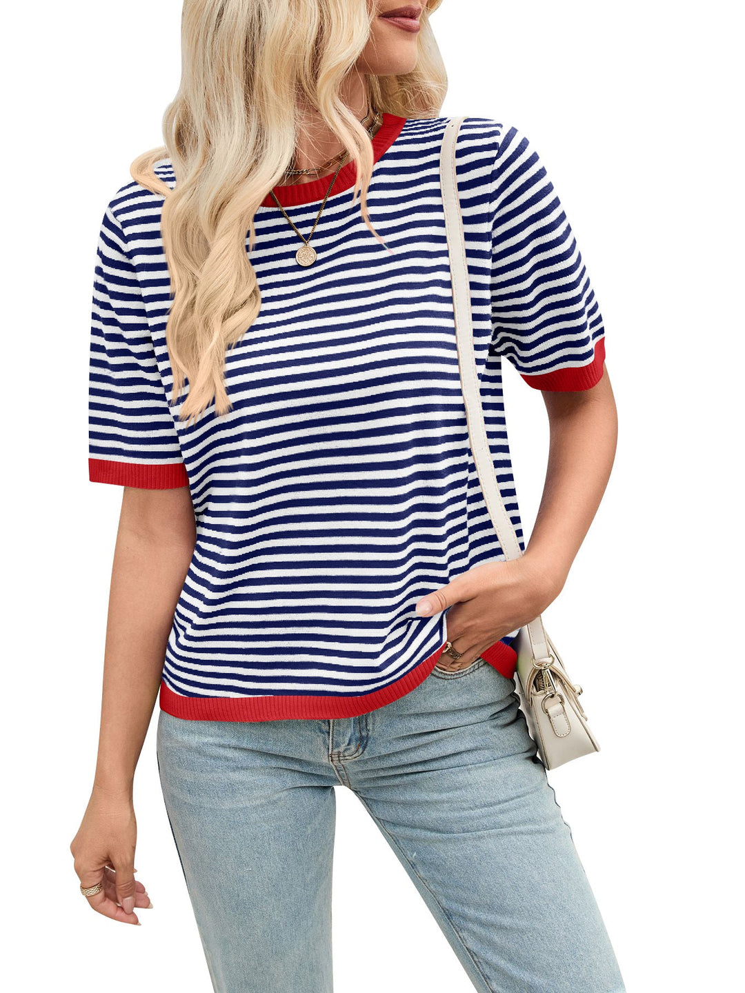 Damen bequeme gestreifte Freizeitbluse mit Kontrastkragen Shopnory