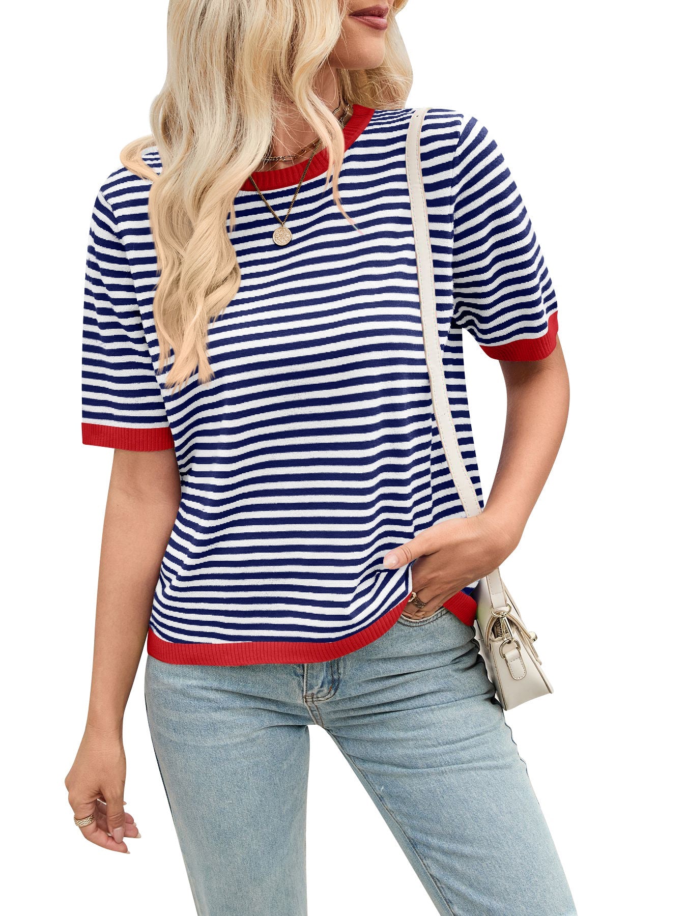 Damen bequeme gestreifte Freizeitbluse mit Kontrastkragen Shopnory