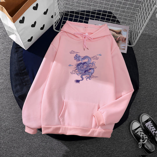Unisex nan oversized Kapuzensweatshirt mit detailliertem Drachendruck, angerautem Fleece-Innenfutter und Känguru-Tasche Shop Nory