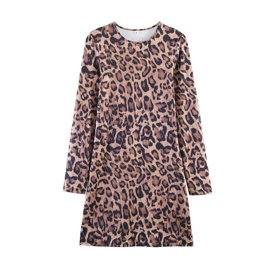 Damen Leoprint-Minikleid mit Rundhalsausschnitt, langen Ärmeln und A-Linien‑Silhouette Shop Nory