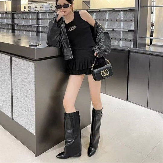 Damen Moderne kniehohe Stiefel mit verdecktem Keilabsatz und spitzer Zehenpartie Shop Nory