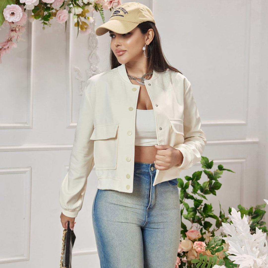 Damen Kurz geschnittene Utility-Jacke mit Stehkragen, Druckknöpfen und Pattentaschen Shop Nory