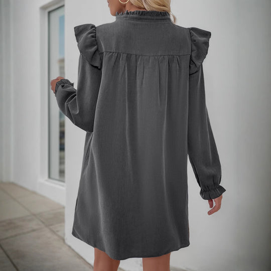 Damen Volant-Hemdkleid mit geraffter Passe, Stehkragen und elastischen Manschetten Shop Nory