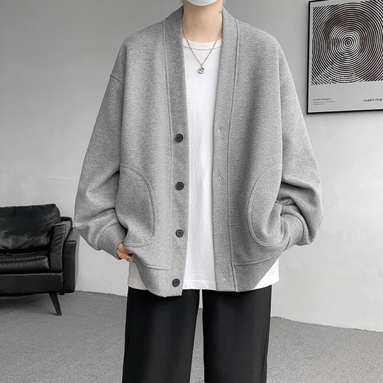 Herren oversized Strickcardigan mit V-Ausschnitt, aufgesetzten Rundtaschen und lässiger Drop-Shoulder-Silhouette Shop Nory