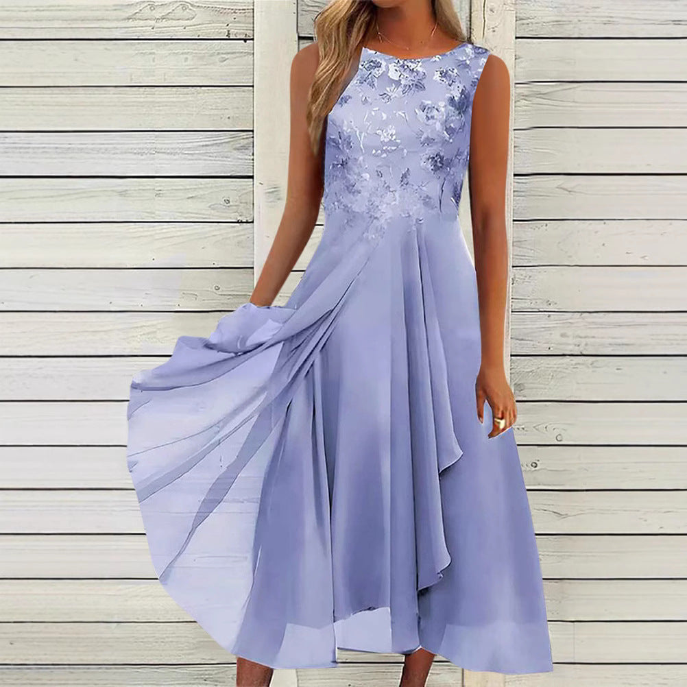 Damen nan ärmelloses Chiffon-Midikleid mit bestickter Brustpartie und asymmetrischem Lagenrock